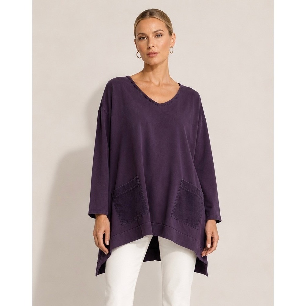 Lagenlook Oversized Purple Tunic‎ Top Pockets Boxy Saga Italy Long Sleeve / OS